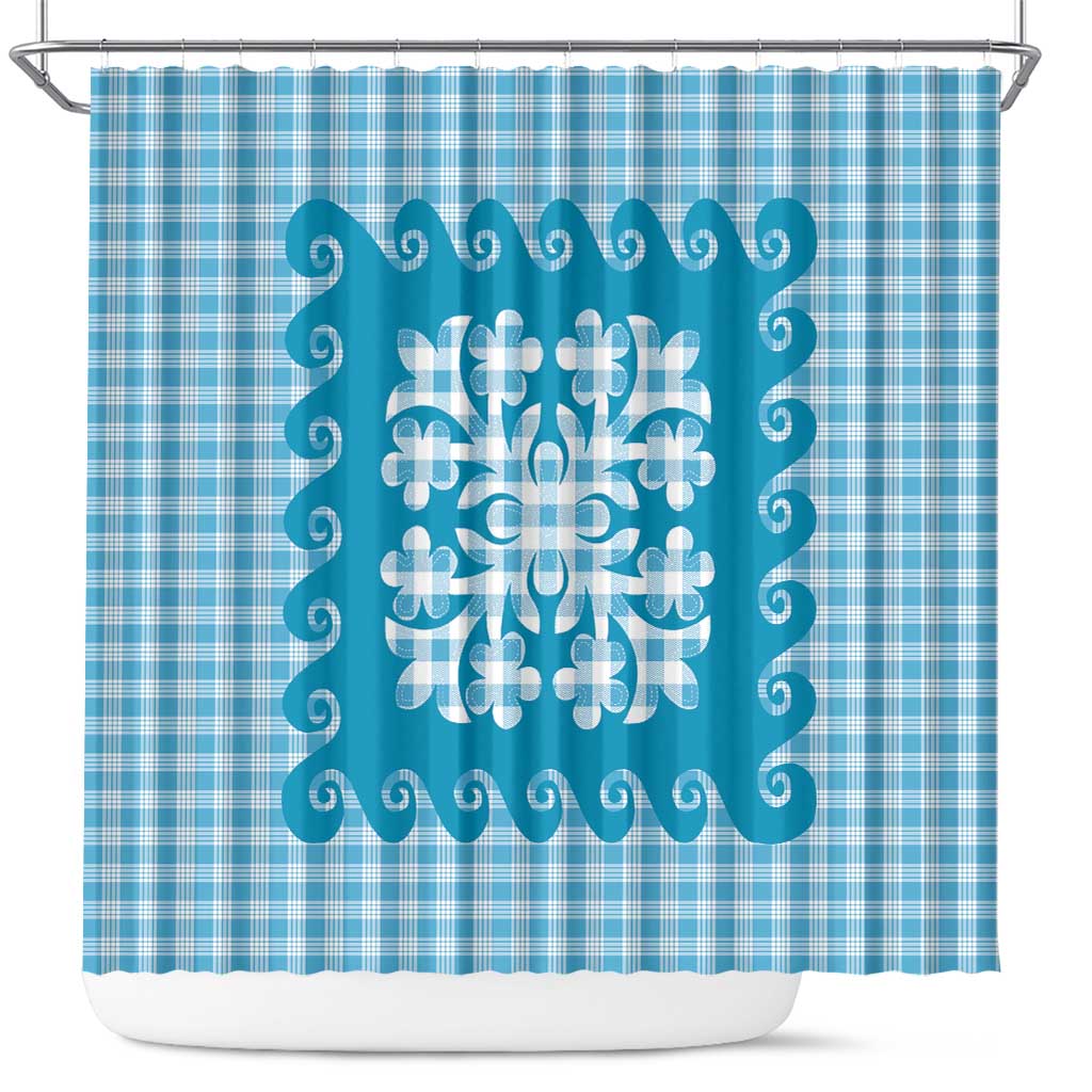 Blue Ulu Palaka Quilt Pattern Shower Curtain Hawaii Culture Breadfruit LT9 Blue - Polynesian Pride