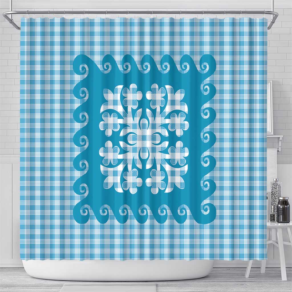 Blue Ulu Palaka Quilt Pattern Shower Curtain Hawaii Culture Breadfruit LT9 - Polynesian Pride