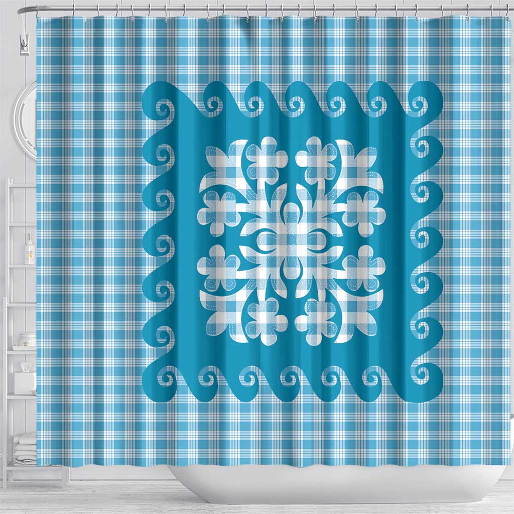 Blue Ulu Palaka Quilt Pattern Shower Curtain Hawaii Culture Breadfruit LT9 - Polynesian Pride