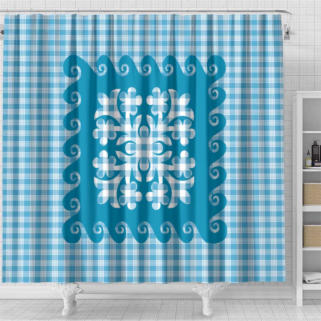Blue Ulu Palaka Quilt Pattern Shower Curtain Hawaii Culture Breadfruit LT9 - Polynesian Pride