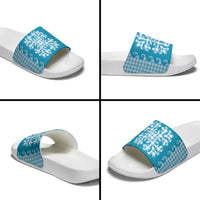 Blue Ulu Palaka Quilt Pattern Slide Sandals Hawaii Culture Breadfruit - Polynesian Pride