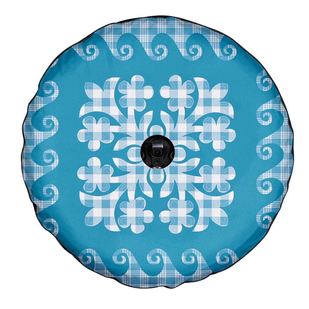 Blue Ulu Palaka Quilt Pattern Spare Tire Cover Hawaii Culture Breadfruit - Polynesian Pride