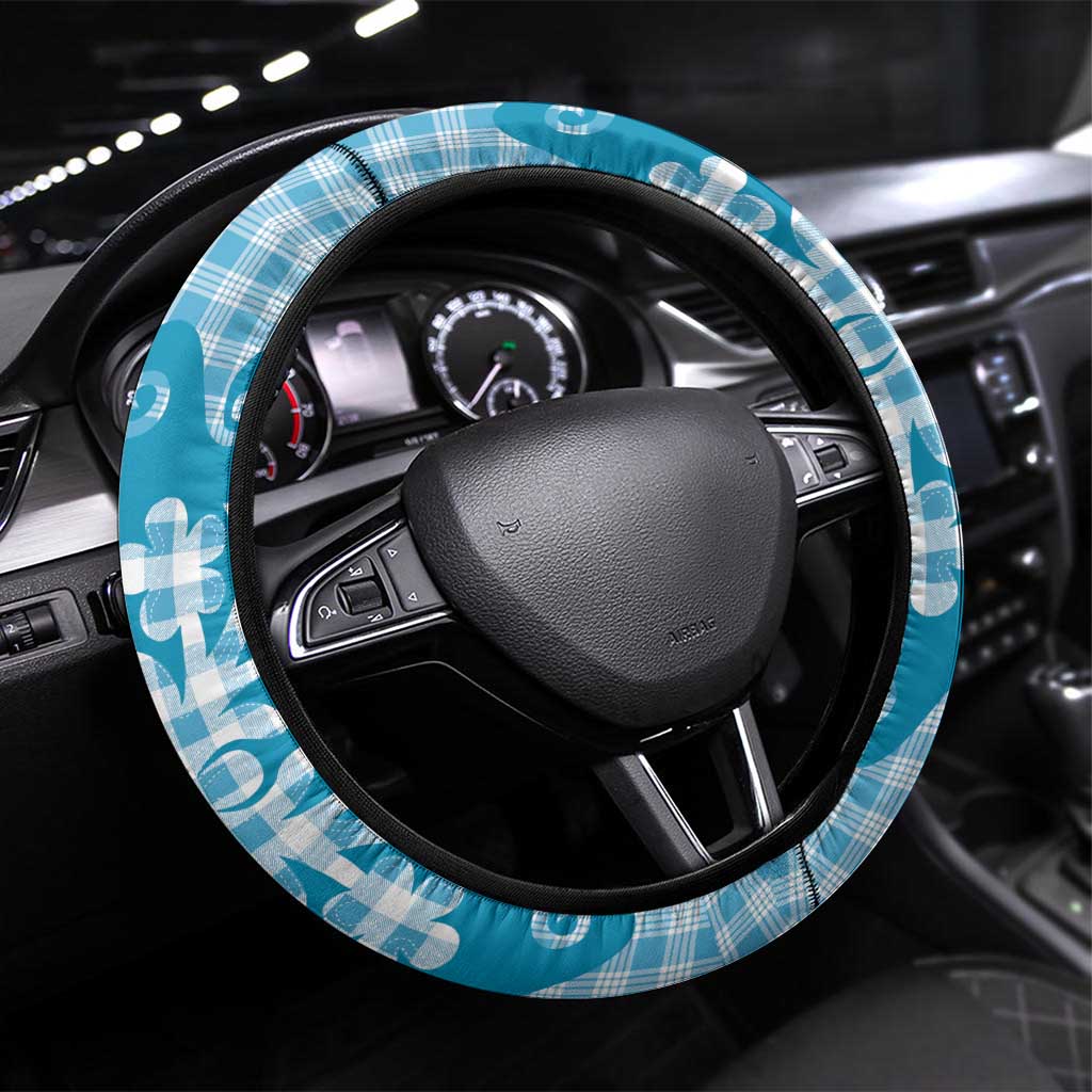 Blue Ulu Palaka Quilt Pattern Steering Wheel Cover Hawaii Culture Breadfruit - Polynesian Pride
