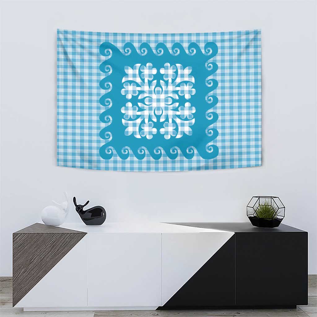 Blue Ulu Palaka Quilt Pattern Tapestry Hawaii Culture Breadfruit - Polynesian Pride
