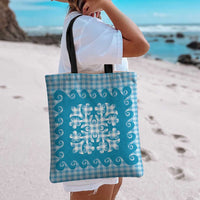 Blue Ulu Palaka Quilt Pattern Tote Bag Hawaii Culture Breadfruit - Polynesian Pride