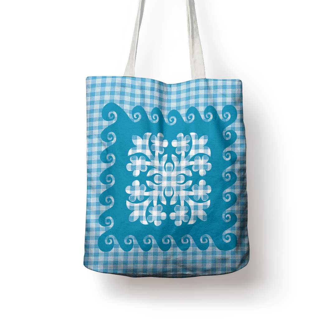Blue Ulu Palaka Quilt Pattern Tote Bag Hawaii Culture Breadfruit - Polynesian Pride