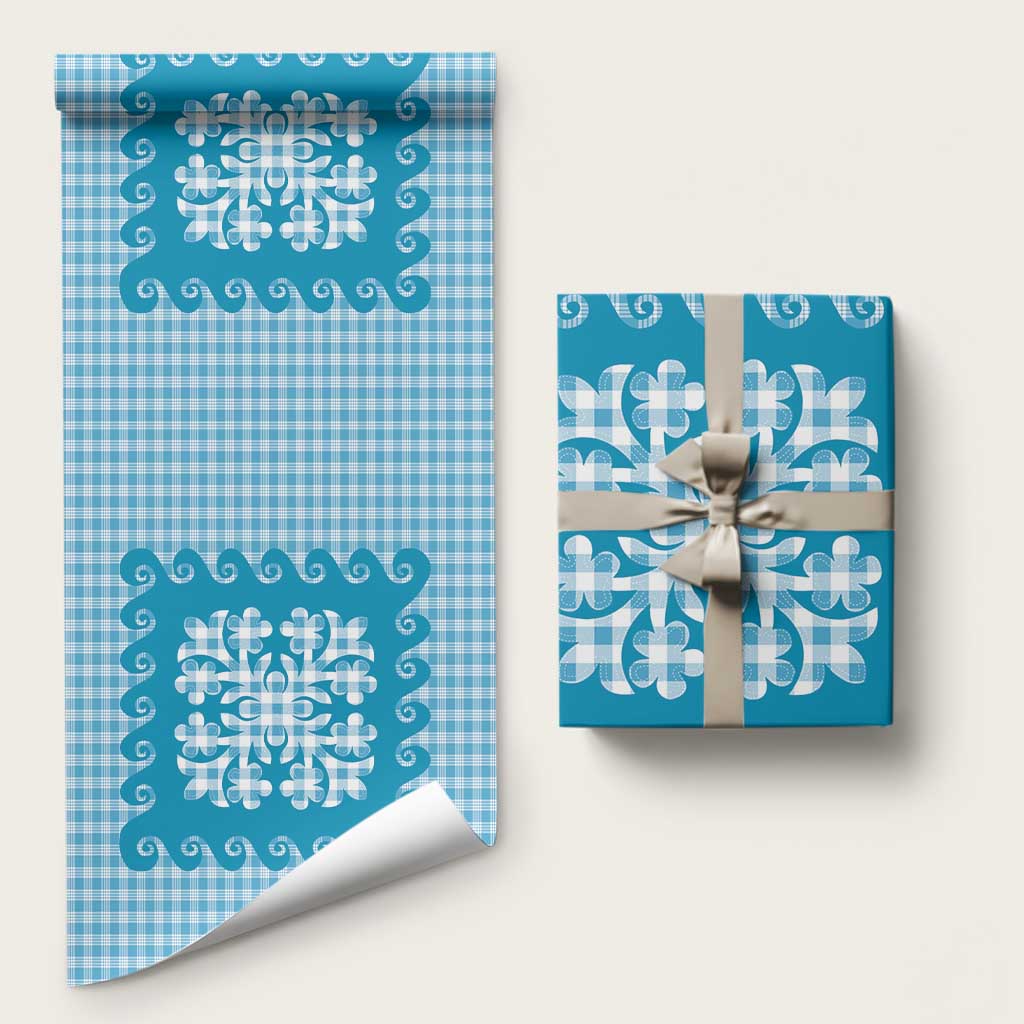 Blue Ulu Palaka Quilt Pattern Wrapping Paper Hawaii Culture Breadfruit LT9 58" × 23" Blue - Polynesian Pride