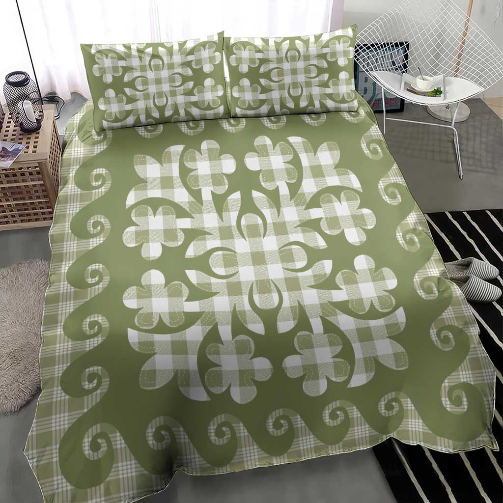 Green Ulu Palaka Quilt Pattern Bedding Set Hawaii Culture Breadfruit - Polynesian Pride