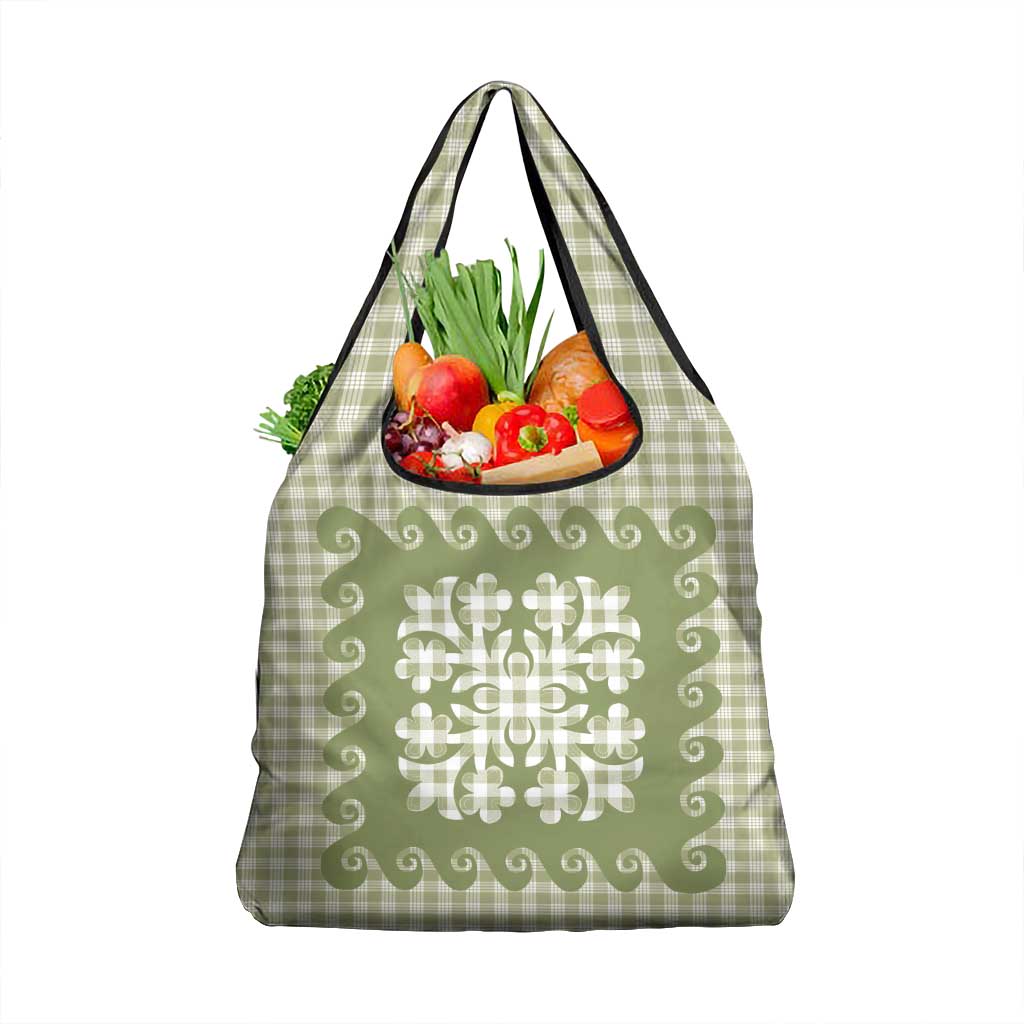 Green Ulu Palaka Quilt Pattern Grocery Bag Hawaii Culture Breadfruit - Polynesian Pride