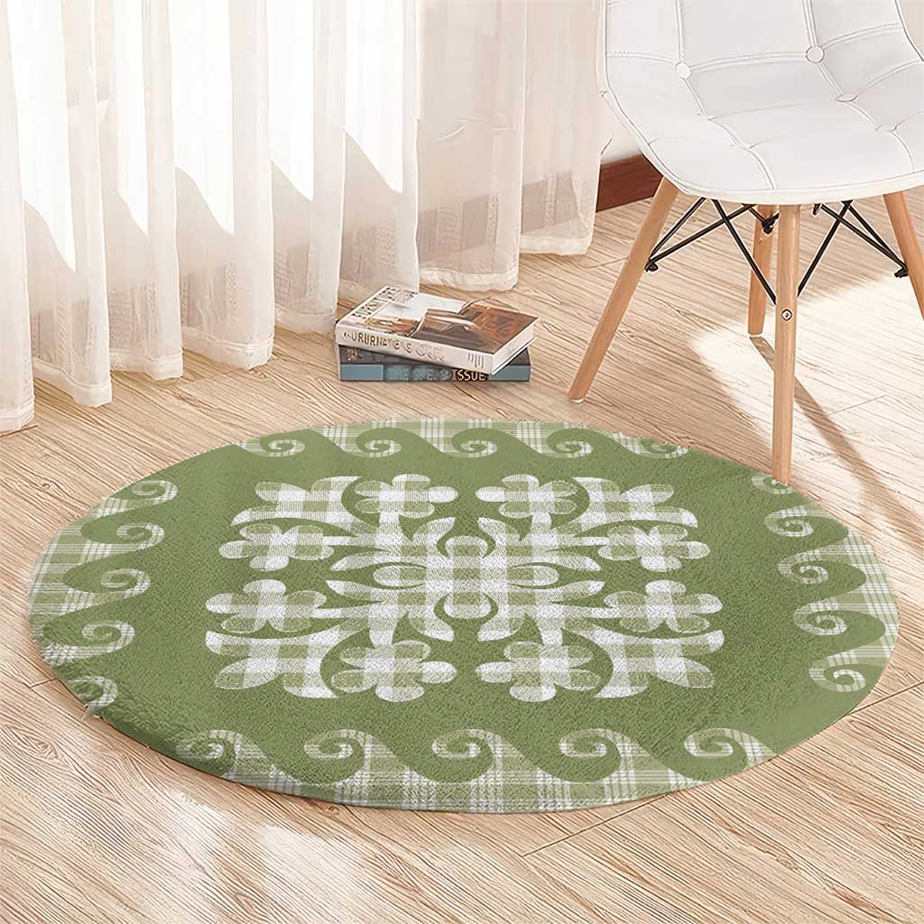 Green Ulu Palaka Quilt Pattern Round Carpet Hawaii Culture Breadfruit - Polynesian Pride