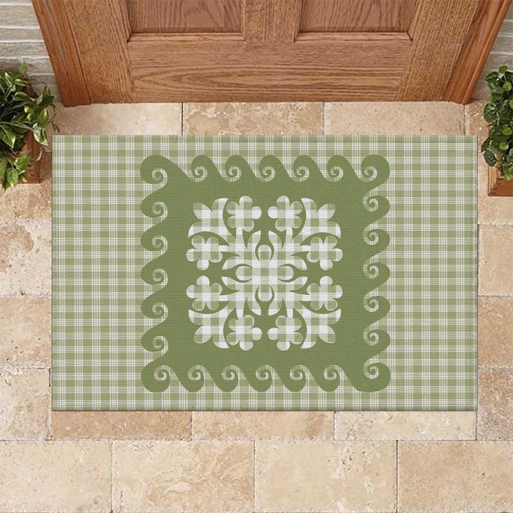 Green Ulu Palaka Quilt Pattern Rubber Doormat Hawaii Culture Breadfruit - Polynesian Pride