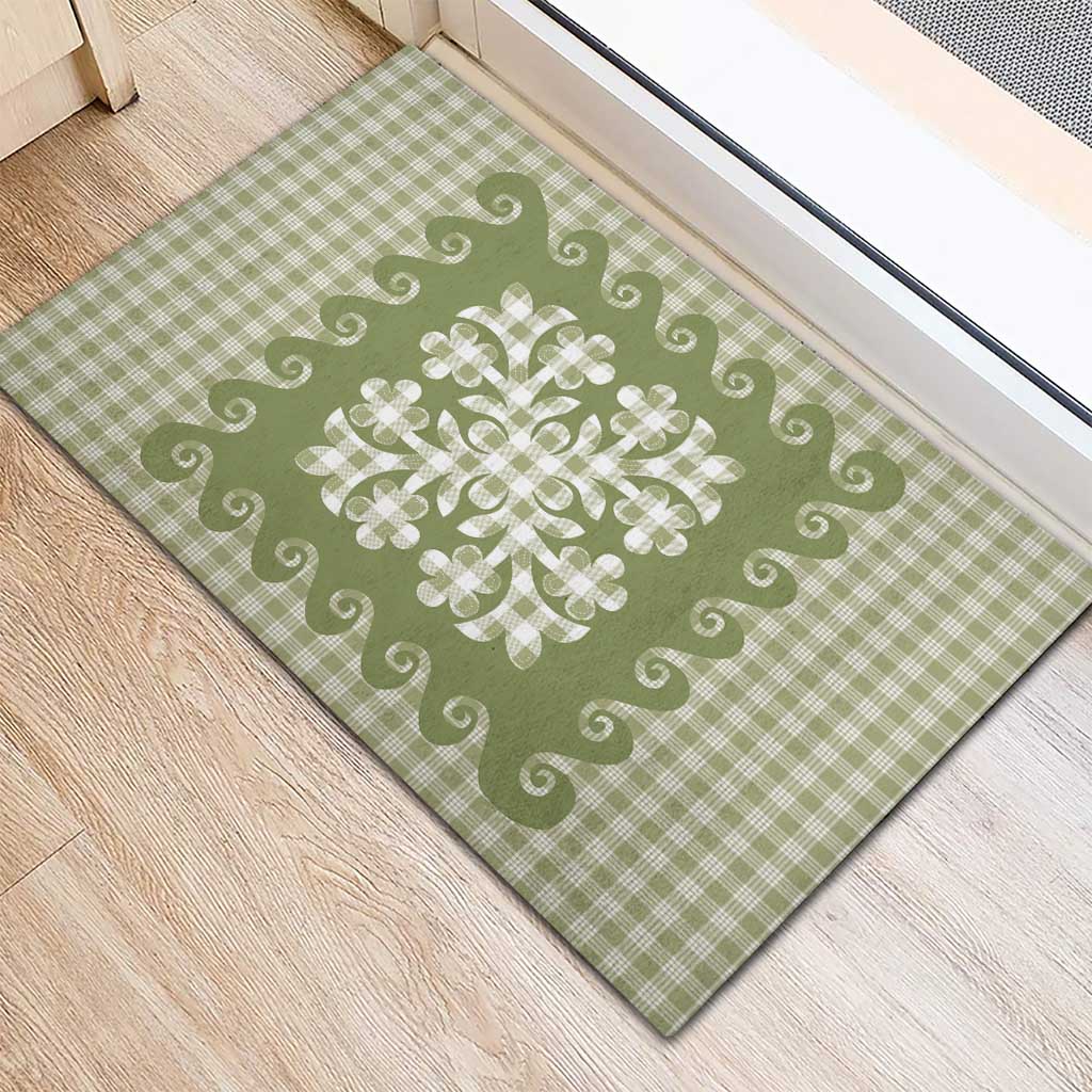 Green Ulu Palaka Quilt Pattern Rubber Doormat Hawaii Culture Breadfruit - Polynesian Pride