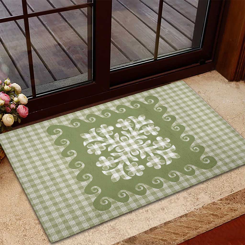 Green Ulu Palaka Quilt Pattern Rubber Doormat Hawaii Culture Breadfruit - Polynesian Pride