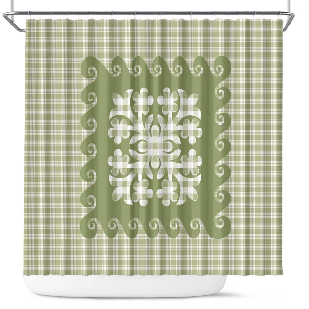 Green Ulu Palaka Quilt Pattern Shower Curtain Hawaii Culture Breadfruit - Polynesian Pride