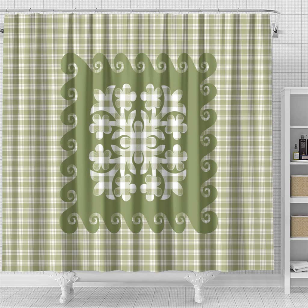 Green Ulu Palaka Quilt Pattern Shower Curtain Hawaii Culture Breadfruit - Polynesian Pride