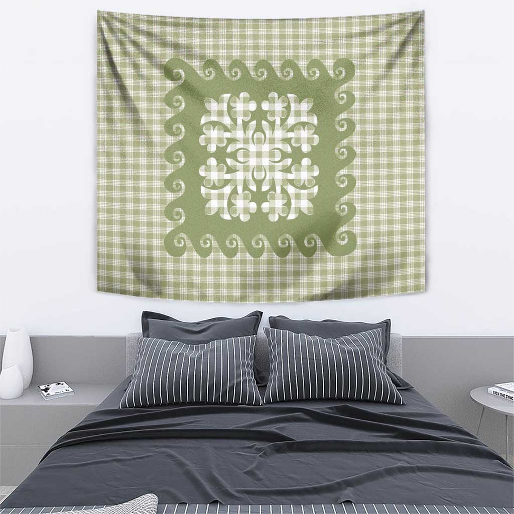 Green Ulu Palaka Quilt Pattern Tapestry Hawaii Culture Breadfruit - Polynesian Pride