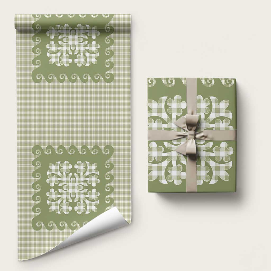 Green Ulu Palaka Quilt Pattern Wrapping Paper Hawaii Culture Breadfruit LT9 58" × 23" Green - Polynesian Pride