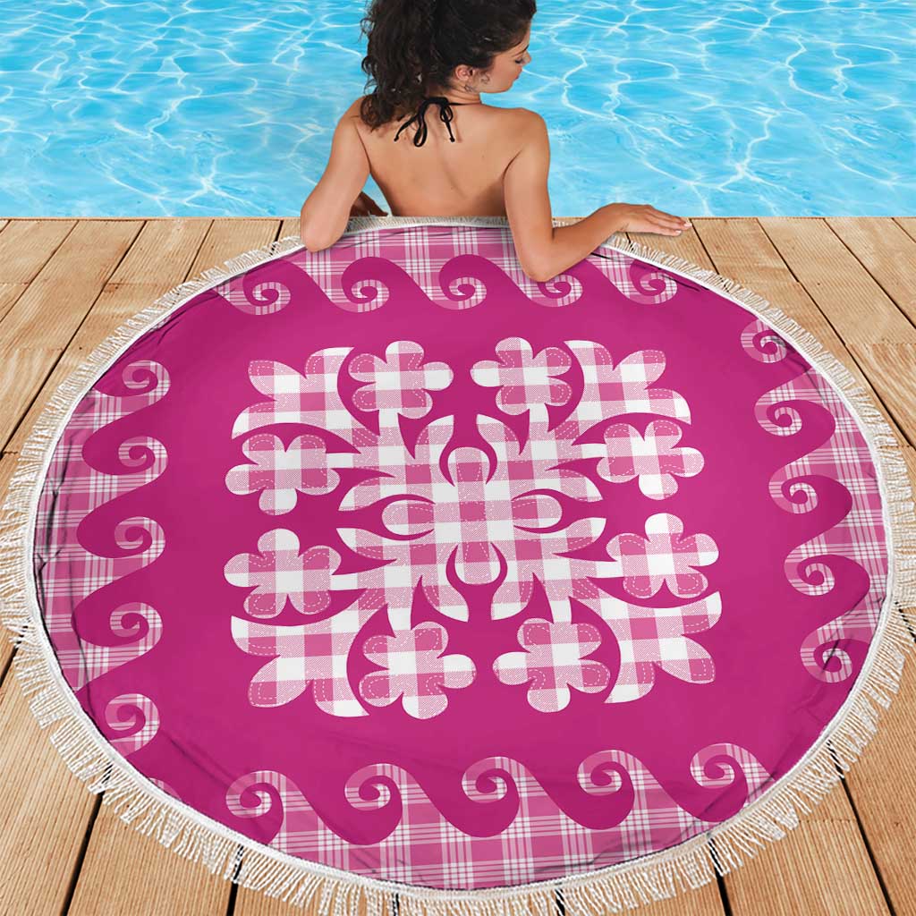 Pink Ulu Palaka Quilt Pattern Beach Blanket Hawaii Culture Breadfruit - Polynesian Pride