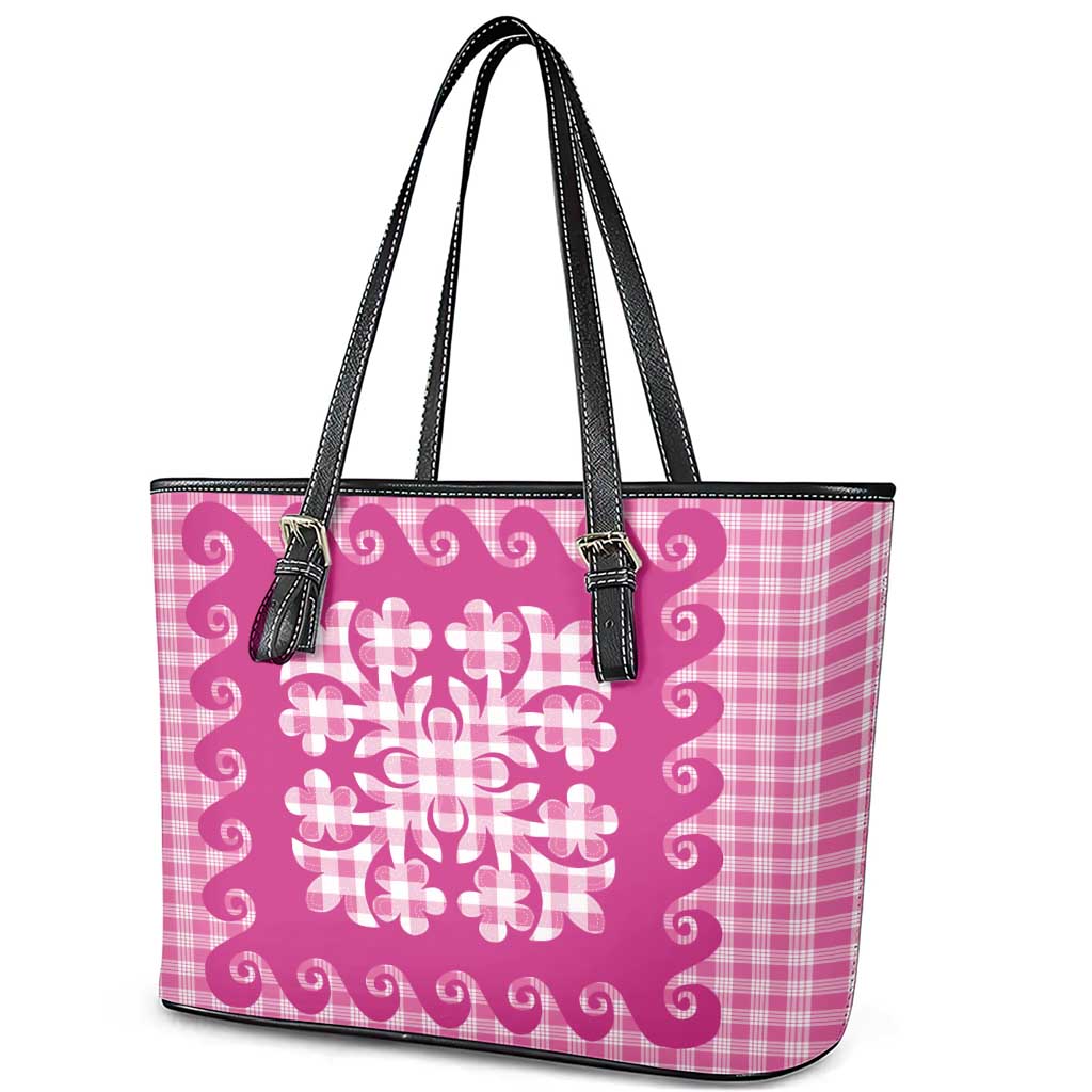 Pink Ulu Palaka Quilt Pattern Leather Tote Bag Hawaii Culture Breadfruit - Polynesian Pride
