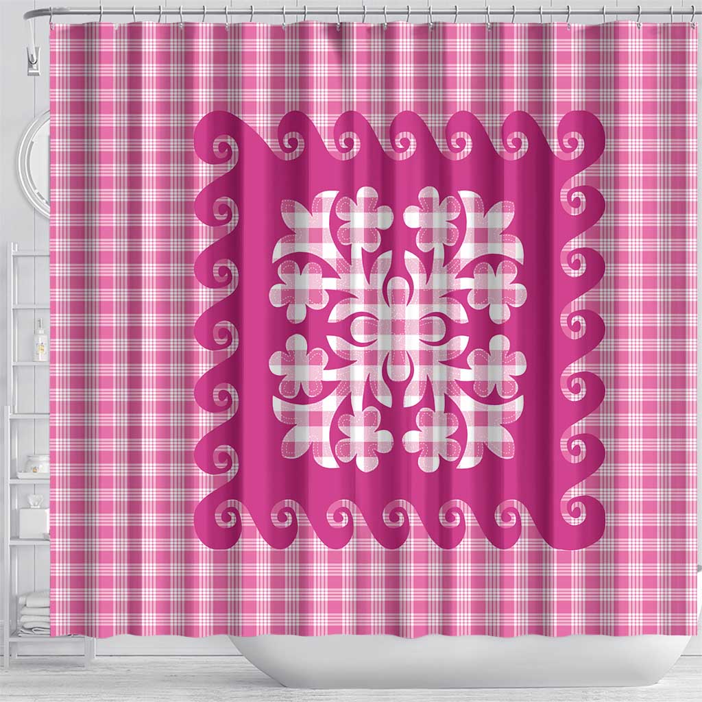 Pink Ulu Palaka Quilt Pattern Shower Curtain Hawaii Culture Breadfruit - Polynesian Pride