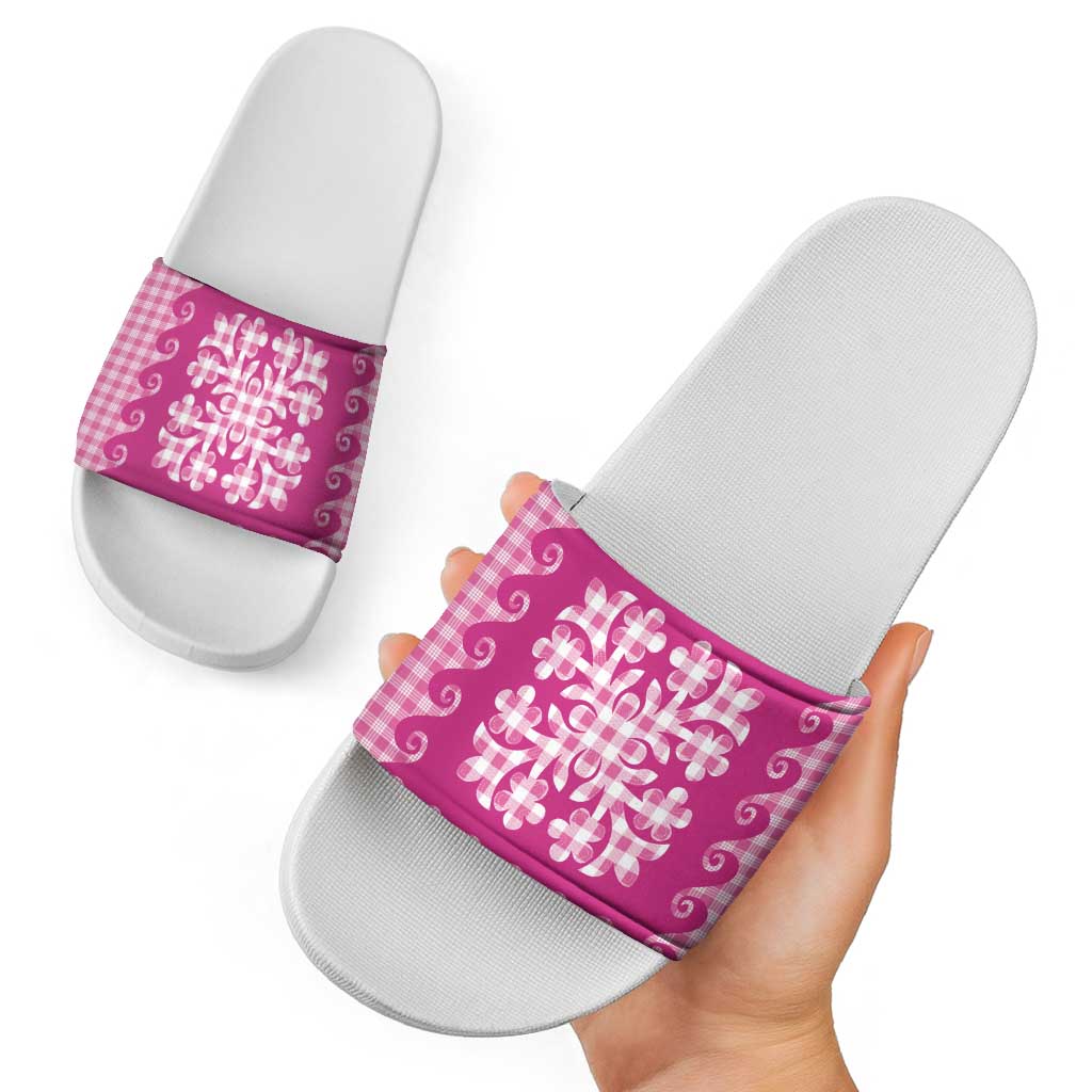 Pink Ulu Palaka Quilt Pattern Slide Sandals Hawaii Culture Breadfruit - Polynesian Pride