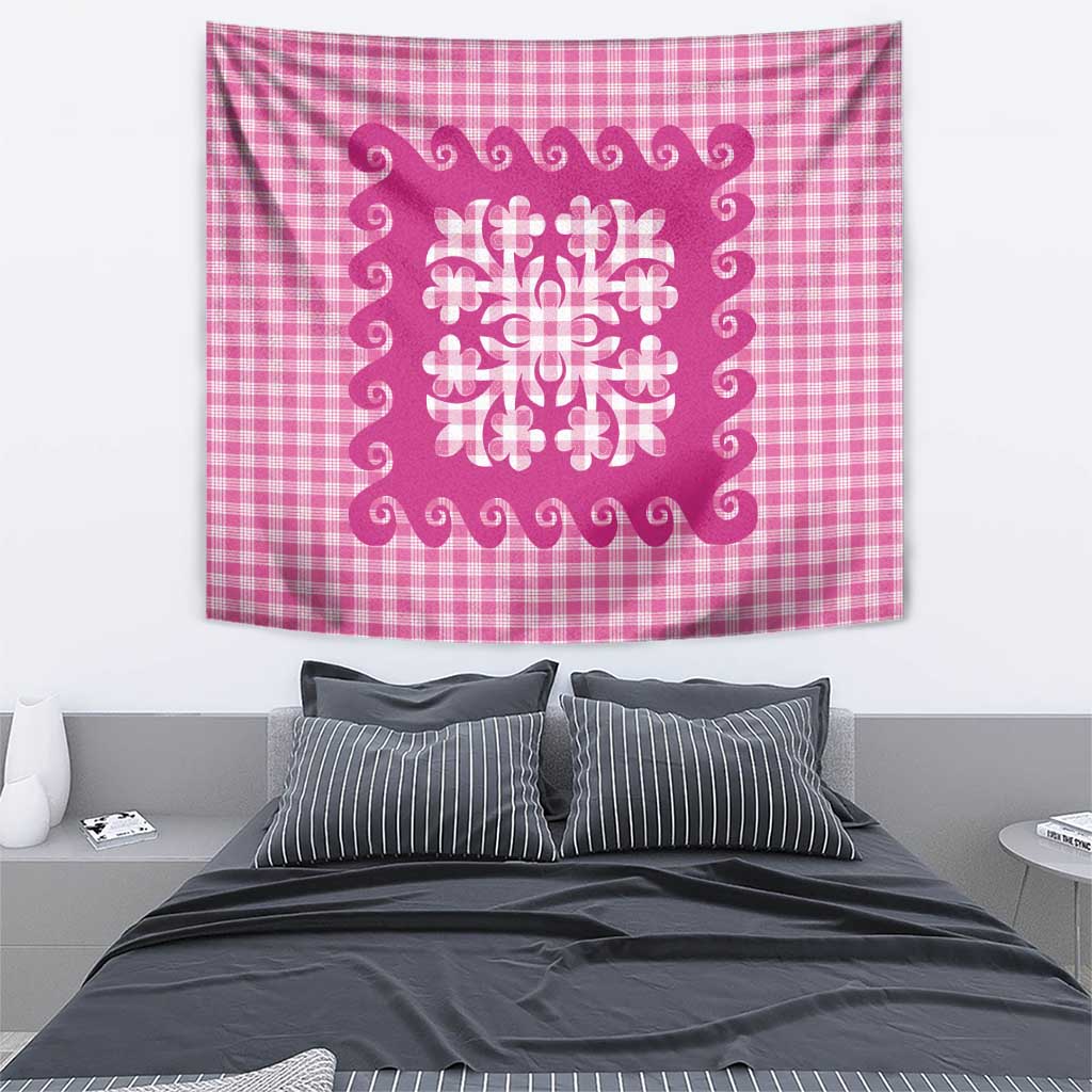 Pink Ulu Palaka Quilt Pattern Tapestry Hawaii Culture Breadfruit - Polynesian Pride