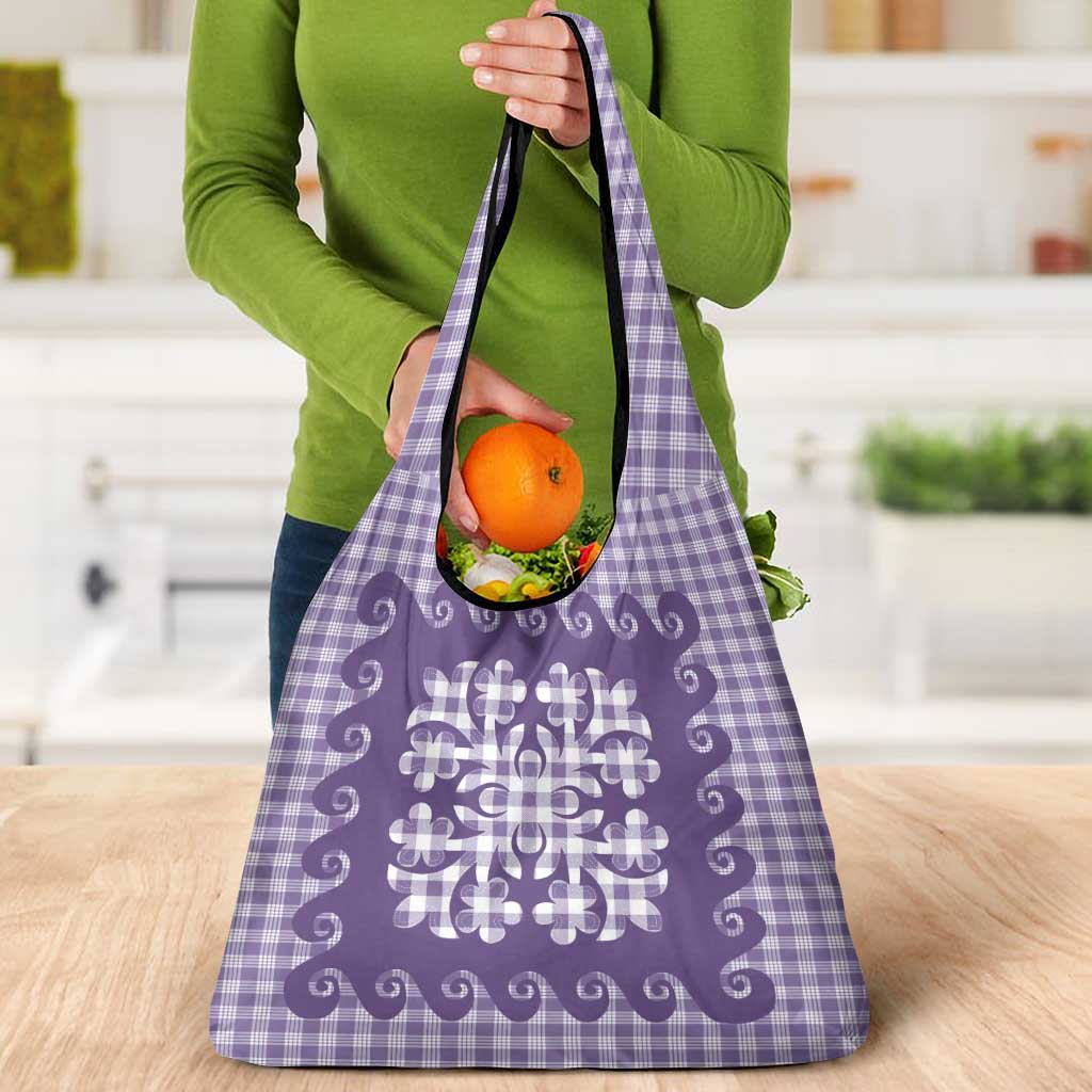 Purple Ulu Palaka Quilt Pattern Grocery Bag Hawaii Culture Breadfruit - Polynesian Pride