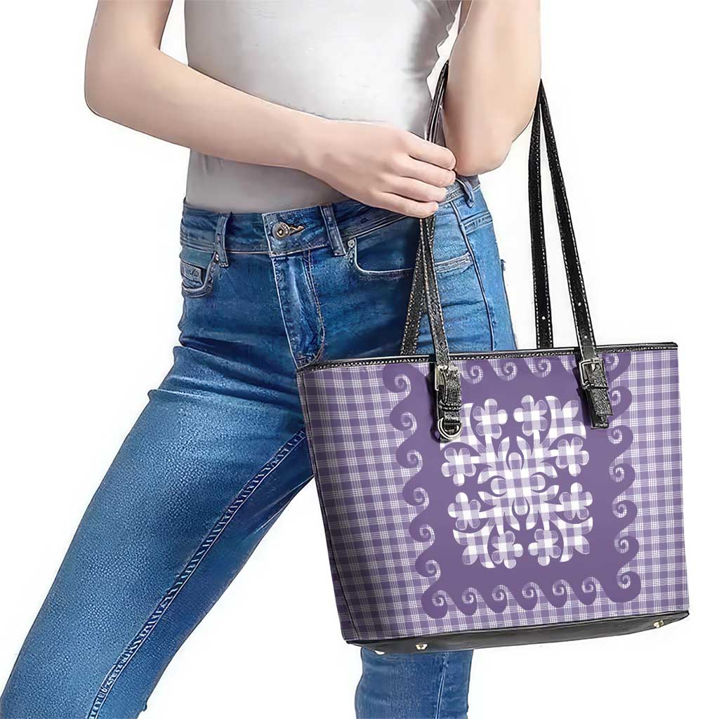 Purple Ulu Palaka Quilt Pattern Leather Tote Bag Hawaii Culture Breadfruit - Polynesian Pride