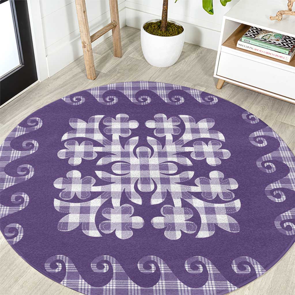 Purple Ulu Palaka Quilt Pattern Round Carpet Hawaii Culture Breadfruit - Polynesian Pride