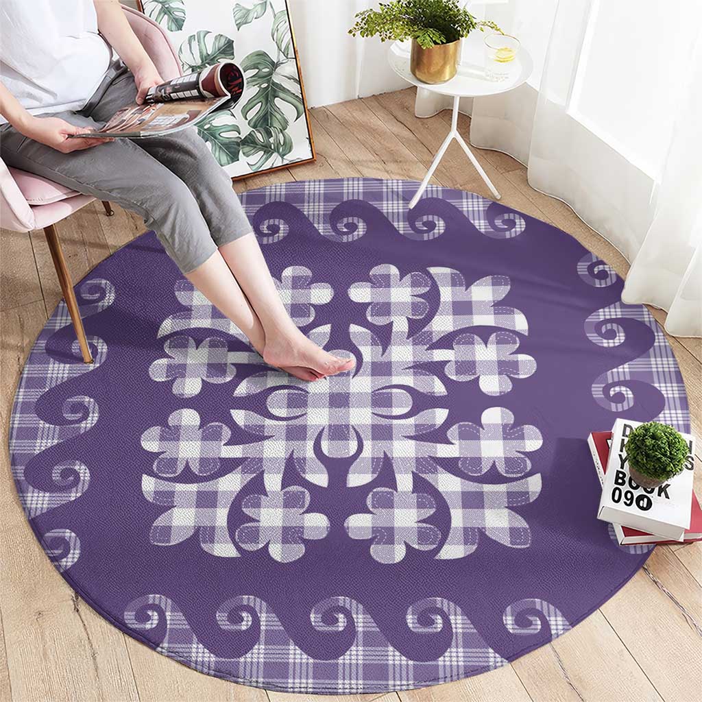 Purple Ulu Palaka Quilt Pattern Round Carpet Hawaii Culture Breadfruit - Polynesian Pride
