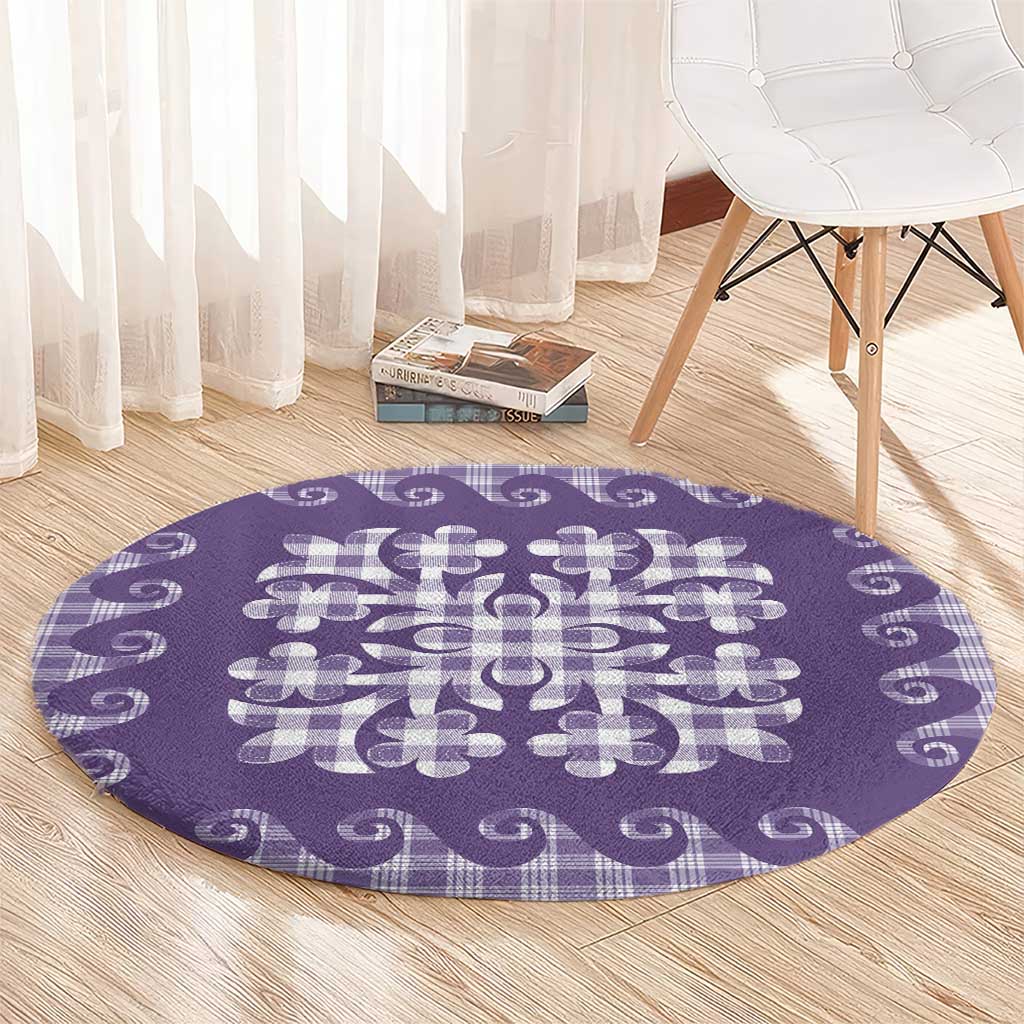 Purple Ulu Palaka Quilt Pattern Round Carpet Hawaii Culture Breadfruit - Polynesian Pride
