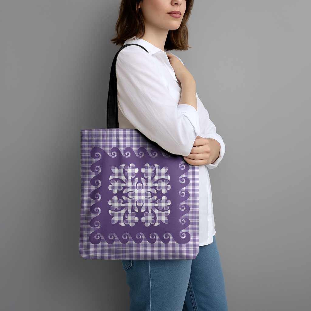 Purple Ulu Palaka Quilt Pattern Tote Bag Hawaii Culture Breadfruit - Polynesian Pride