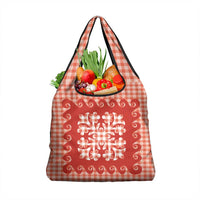 Red Ulu Palaka Quilt Pattern Grocery Bag Hawaii Culture Breadfruit - Polynesian Pride