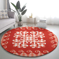 Red Ulu Palaka Quilt Pattern Round Carpet Hawaii Culture Breadfruit - Polynesian Pride