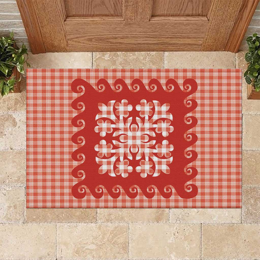 Red Ulu Palaka Quilt Pattern Rubber Doormat Hawaii Culture Breadfruit - Polynesian Pride