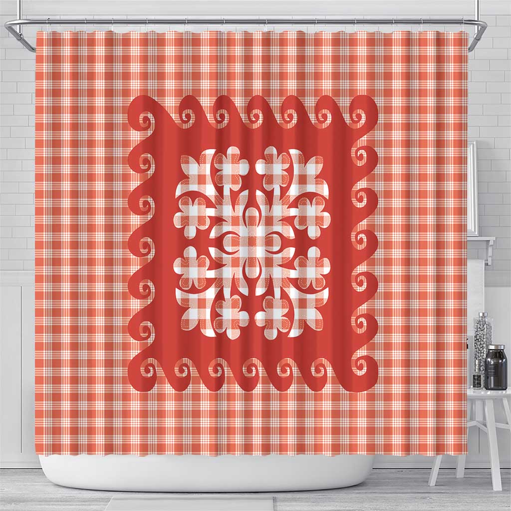 Red Ulu Palaka Quilt Pattern Shower Curtain Hawaii Culture Breadfruit - Polynesian Pride