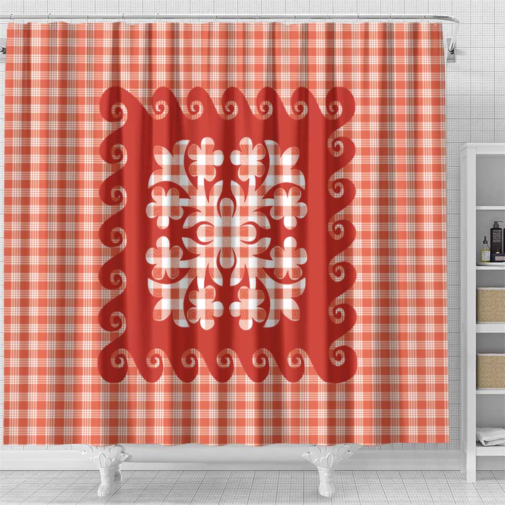 Red Ulu Palaka Quilt Pattern Shower Curtain Hawaii Culture Breadfruit - Polynesian Pride