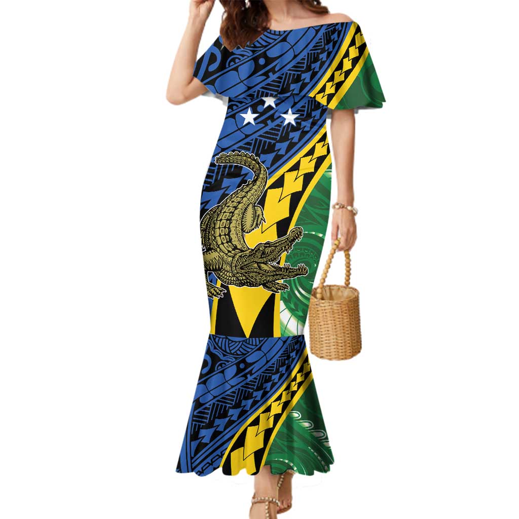 Personalised Crocodile and Shark Solomon Islands Family Matching Mermaid Dress and Hawaiian Shirt Polynesian Tribal Tattoo