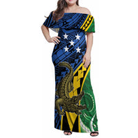 Personalised Crocodile and Shark Solomon Islands Family Matching Off Shoulder Maxi Dress and Hawaiian Shirt Polynesian Tribal Tattoo