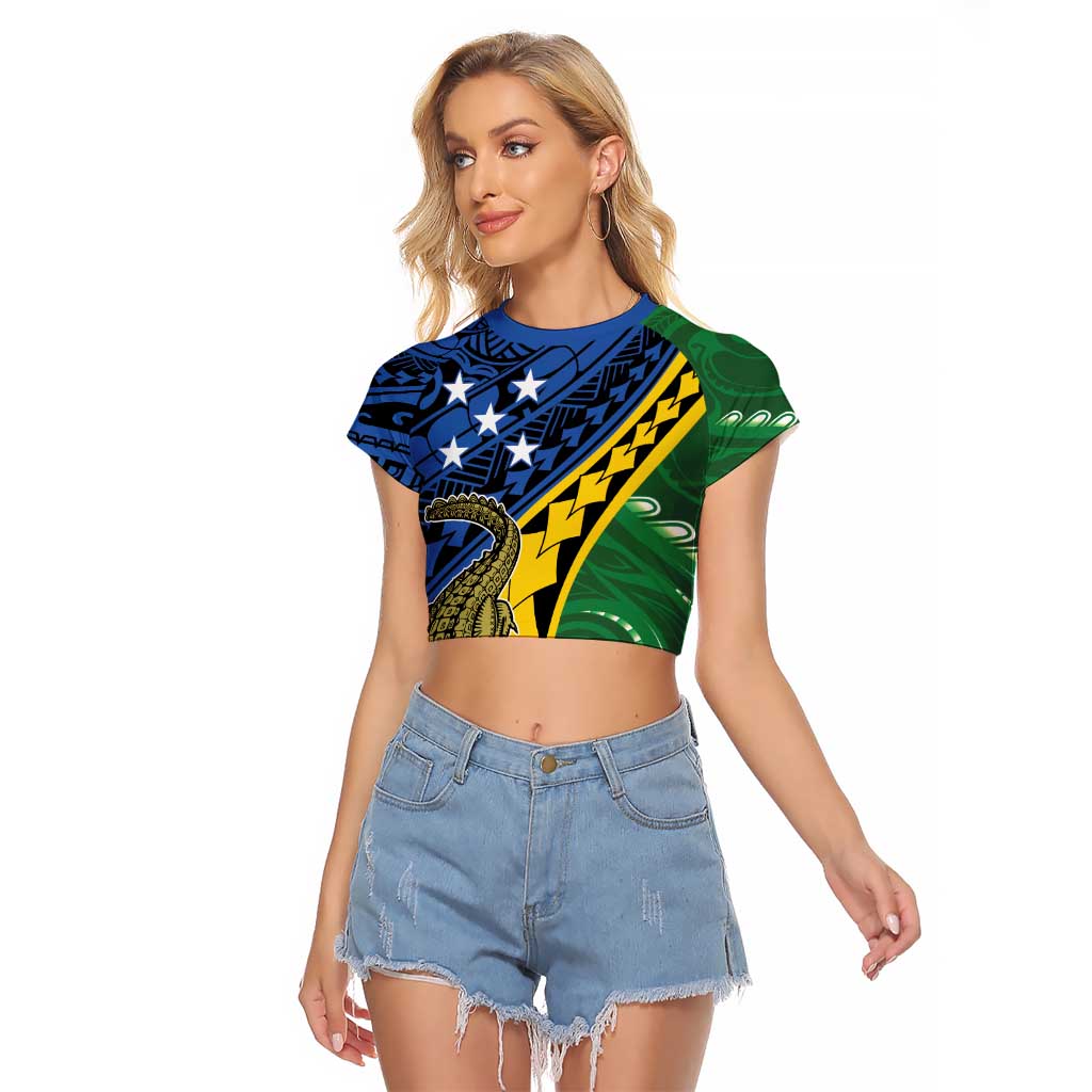 Personalised Crocodile and Shark Solomon Islands Raglan Cropped T Shirt Polynesian Tribal Tattoo