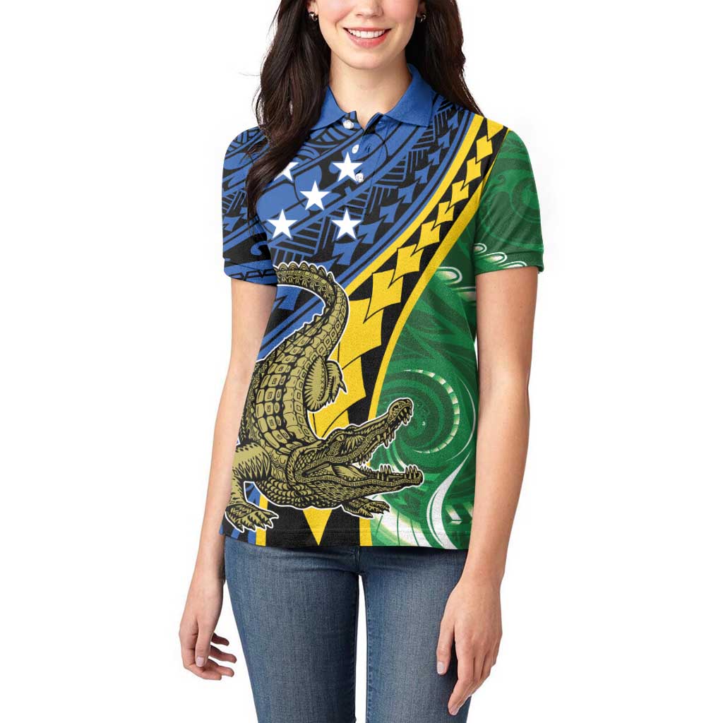 Personalised Crocodile and Shark Solomon Islands Women Polo Shirt Polynesian Tribal Tattoo