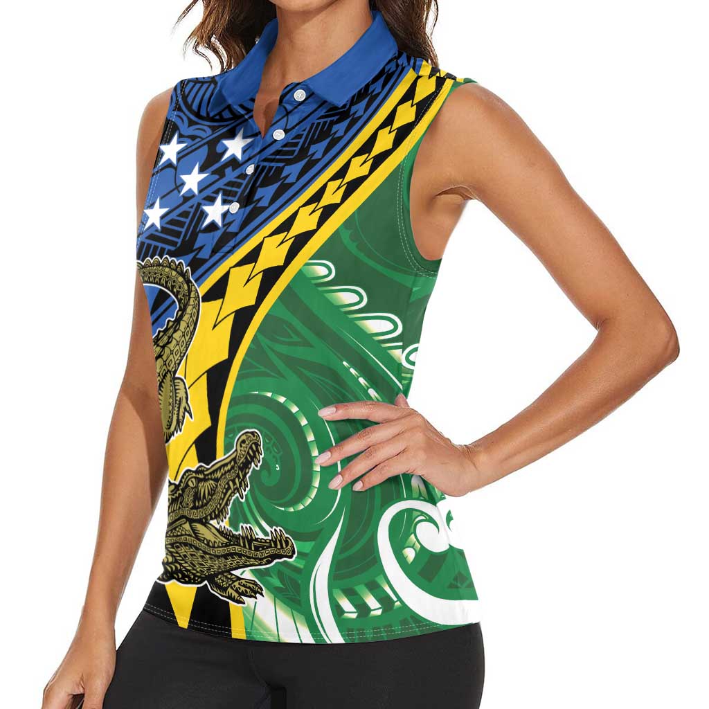Personalised Crocodile and Shark Solomon Islands Women Sleeveless Polo Shirt Polynesian Tribal Tattoo