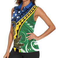 Personalised Crocodile and Shark Solomon Islands Women Sleeveless Polo Shirt Polynesian Tribal Tattoo