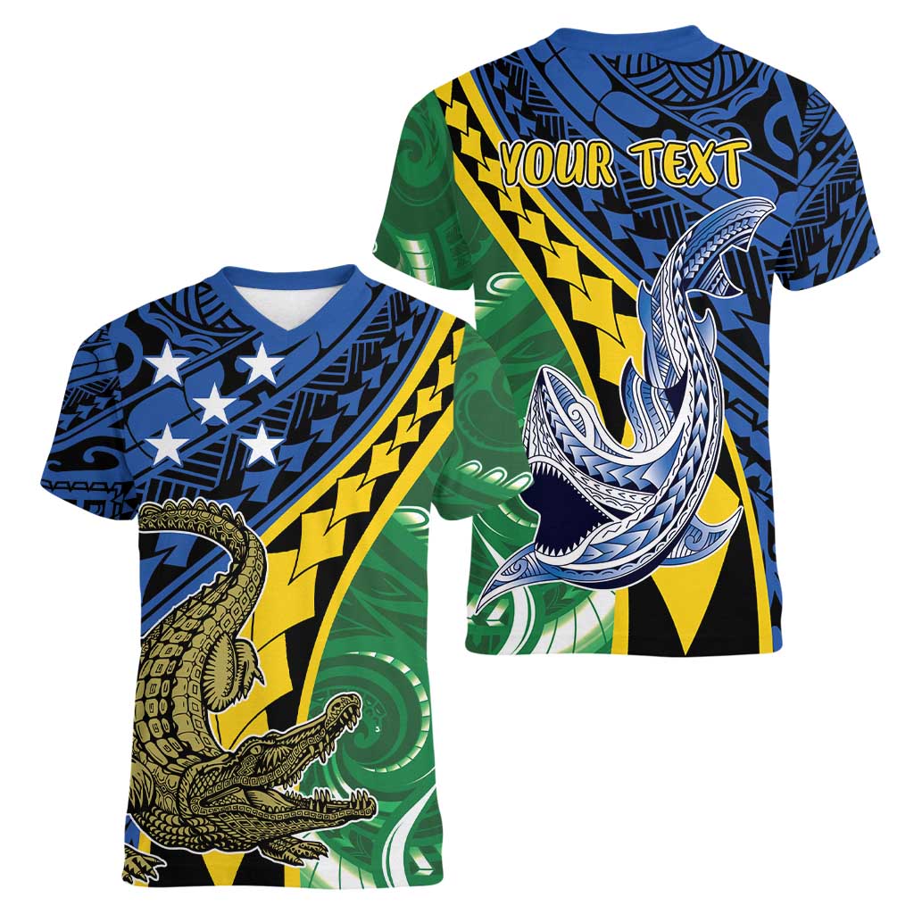 Personalised Crocodile and Shark Solomon Islands Women V-Neck T-Shirt Polynesian Tribal Tattoo