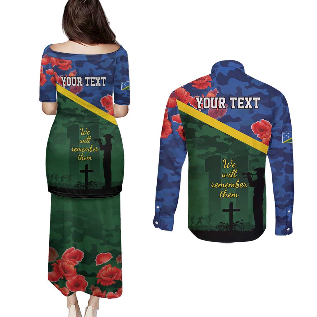 Personalised Solomon Islands Remembrance Day Couples Matching Puletasi and Long Sleeve Button Shirt We Will Remember Them with Camouflage Style