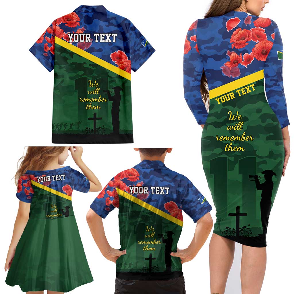 Personalised Solomon Islands Remembrance Day Family Matching Long Sleeve Bodycon Dress and Hawaiian Shirt We Will Remember Them with Camouflage Style