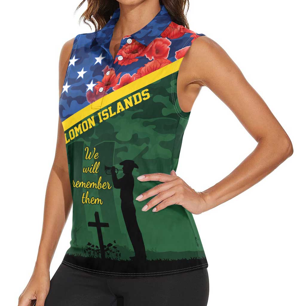 Personalised Solomon Islands Remembrance Day Women Sleeveless Polo Shirt We Will Remember Them with Camouflage Style