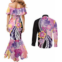 Aloha Vintage Hibiscus Lei Seamless Pattern Couples Matching Mermaid Dress and Long Sleeve Button Shirt - Polynesian Pride