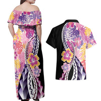 Aloha Vintage Hibiscus Lei Seamless Pattern Couples Matching Off Shoulder Maxi Dress and Hawaiian Shirt - Polynesian Pride