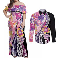 Aloha Vintage Hibiscus Lei Seamless Pattern Couples Matching Off Shoulder Maxi Dress and Long Sleeve Button Shirt - Polynesian Pride